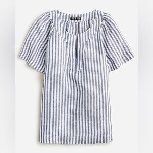 J. Crew Flutter-Sleeve Linen V-Neck Top Medium Blue White Stripe